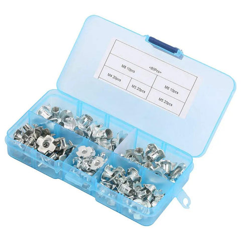 Four Pronged T Nut Kits 80 Piece Zinc Plated Carbon Steel Assorted M3 M4 M5 M6 M8 Tee Nuts organized in blue storage box