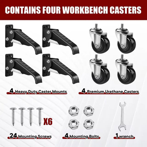 4 Heavy Duty Retractable Caster Wheels For Workbenches 700 Lb Capacity with mounts, screws, and wrench included.