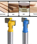 Shop Essential 1/4 Inch Shank Keyhole Router Bit Set With T Slot And T Track Cutters features yellow and blue bits on metal shafts.