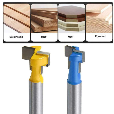 Shop Essential 1/4 Inch Shank Keyhole Router Bit Set With T Slot And T Track Cutters features yellow and blue bits on metal shafts.