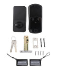 Keyless Smart Lock With Biometric Fingerprint Reader And Push Button Code Plus Rfid Card Access Offering Self Locking Electronic Deadbolt parts on white background.