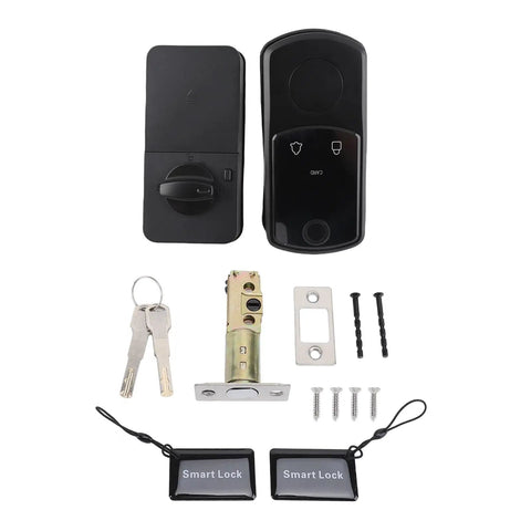 Keyless Smart Lock With Biometric Fingerprint Reader And Push Button Code Plus Rfid Card Access Offering Self Locking Electronic Deadbolt parts on white background.