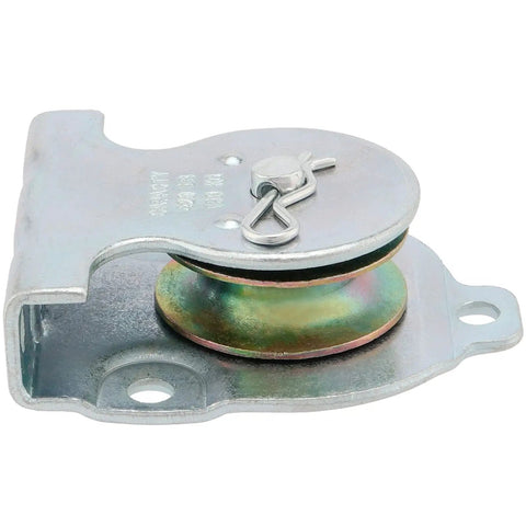 One And One Half Inch Ceiling Or Wall Mount Single Pulley, Zinc Plated Anti Rust Pulley For Three Eighths Wire Rope, Silver Finish, Heavy Duty Cable Pulley For DIY Lifts And Lashing on white background