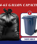 64-65 Gallon Black Trash Bags, 13 Count, shown with compatible outdoor trash can, extra large size, for debris cleanup