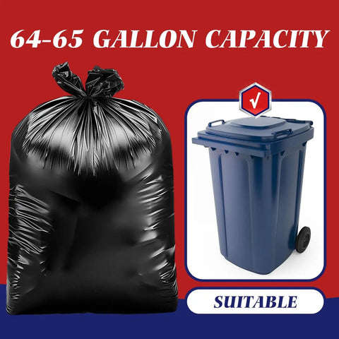 64-65 Gallon Black Trash Bags, 13 Count, shown with compatible outdoor trash can, extra large size, for debris cleanup