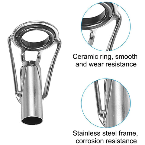 All In One Fishing Rod Tip Repair Kit For Freshwater And Saltwater Rods With Stainless Steel Ceramic Ring Guides, 50 Piece Replacement Set, Includes 1.6mm To 3.0mm Hole Sizes For Quick Durable Tip Fixes ceramic ring guide close-up with stainless steel frame