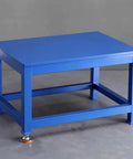 Heavy Duty Steel Top Workbench Beefed Up Industrial Fitter Bench With Prepped Vise Mount Spot, solid blue steel table.