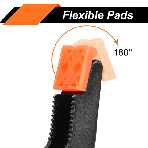 Close-up view of a 3.5-inch plastic spring clamp with orange flexible pad and serrated jaws