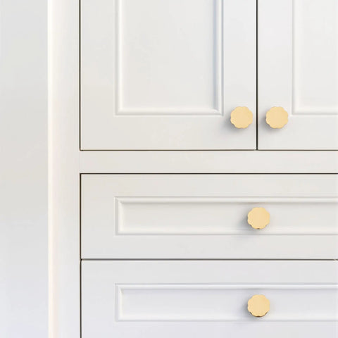 Heavyweight Solid Brass Brushed Gold Cabinet Knobs 0.94 Inch Diameter 24mm 8 Pack on white kitchen cabinets