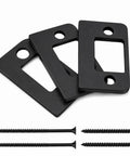 Universal Door Strike Shim Kit, Three Adjustable Thickness Spacer Plates in black stainless steel with screws.