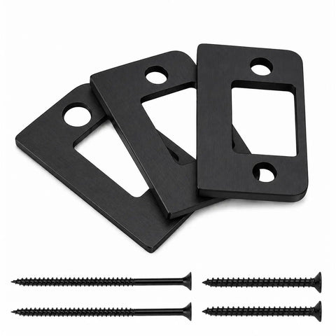 Universal Door Strike Shim Kit, Three Adjustable Thickness Spacer Plates in black stainless steel with screws.