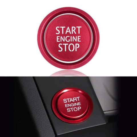 Audi Slick Red Engine Start Button Cover Stickers For A4 A5 A6 A7 Q5 Models, premium metal trim, installed on button.