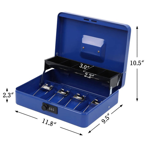 Premium Metal Cash Box With Tray And Killer Combination Lock, 4 bill slots, 5 coin slots, blue metal, dimensions shown
