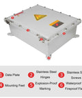 Outdoor stainless steel explosion-proof electrical box with hinged cover, IP66, internal mounting panel, 60x70x22 cm