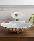 Upgrade Your Bath Game With This Killer Shell Tempered Glass Vessel Sink and Waterfall Faucet Featuring Hot Cold Rotary Mixer Tap Heavy Duty Countertop Wash Basin Smooth Durable Build on wooden countertop.