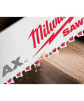 Heavy Duty Reciprocating Saw Blade Set, 12 Piece, Thick.042 and.062 Inch Blades cutting through wood, close-up of teeth, white finish