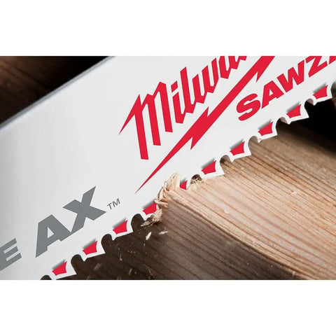Heavy Duty Reciprocating Saw Blade Set, 12 Piece, Thick.042 and.062 Inch Blades cutting through wood, close-up of teeth, white finish