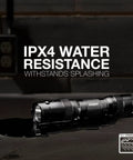 Tac 1AA LED Tactical Flashlight With Clip Water Resistant EDC Light For Emergencies And Camping on wet surface showing IPX4.