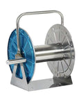 No Sweat Stainless Steel Garden Hose Reel Wall Or Floor Mounted Outdoor Hose Organizer With Smooth Operator Roll Cart For Large Backyard Patio And Long Weekends, showcasing a durable stainless steel frame with blue plastic drum.