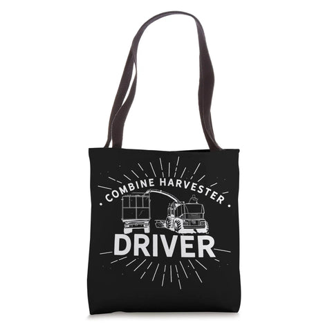 Harvesting Machine Tote Bag For Farmers And Gearheads With Funny Reaper Harvest Theme And Harvester Driver Design in black canvas