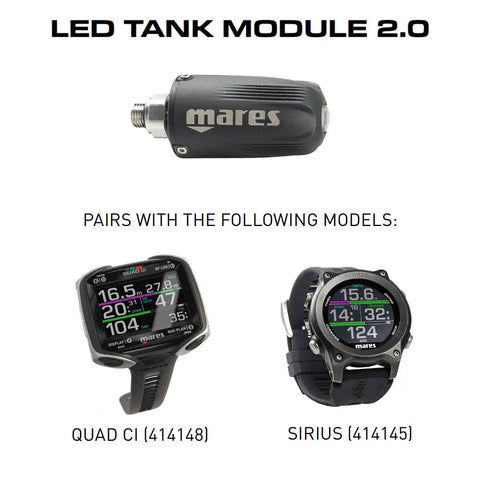 LED Tank Module 2.0 Pressure Transmitter next to Quad Ci and Sirius Dive Computers, for real-time tank data and indicators.