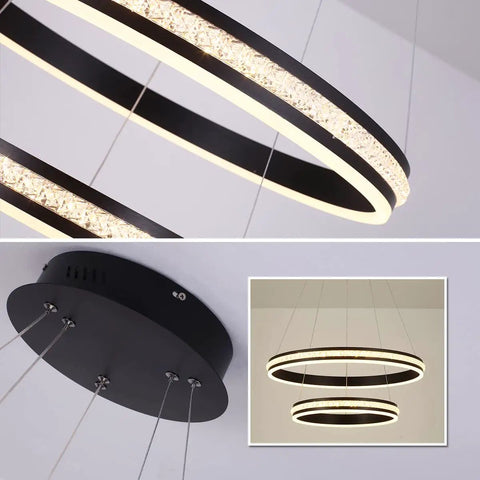 Modern Crystal Chandelier With Dimmable LED Pendant Light In Black, Acrylic Double Ring Design, Remote Dimmer in ceiling view