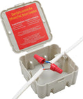 Open Splice Junction Box Single for Quick Fixes, open gray plastic junction box with red wire connectors and cables