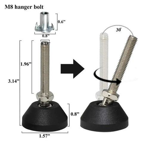 Top Shelf Swivel Leveling Feet For Furniture With M8 Thread Screws No Fuss Setup shown with dimensions of the adjustable leg kit.