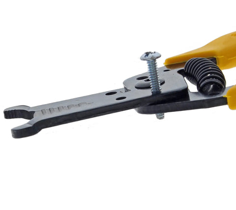 Close-up of Premium Reflex T5 Wire Stripper For 10 To 20 AWG With Plier Nose, showing screw and spring details on steel construction.