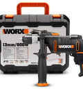 Heavy Duty 600 Watt Impact Drill Driver With 13 Mm Keyless Chuck And Variable Speed Control Built Tough For Concrete Masonry And Wood Projects Includes Bits Guide Hard Case in black and orange with tool case.