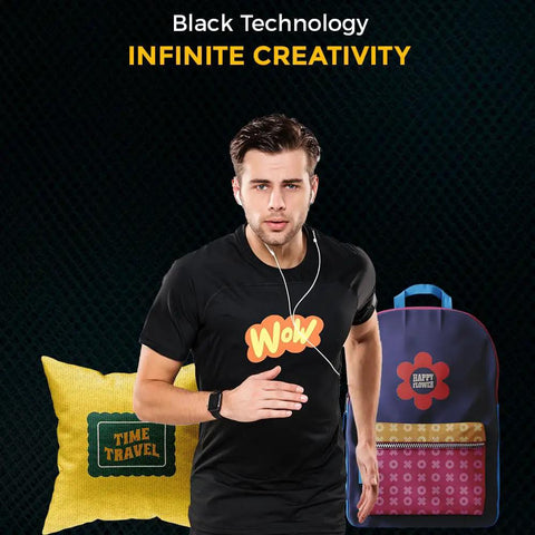 Man wearing graphic T-shirt with WOW print, pillow, and backpack, showcasing Printable Heat Transfer Paper For T Shirts 20 Sheets Eight Point Five By Eleven Inkjet Compatible Iron On Transfer For Dark And Light Fabrics DIY Friendly Cotton Polyester Denim And More.