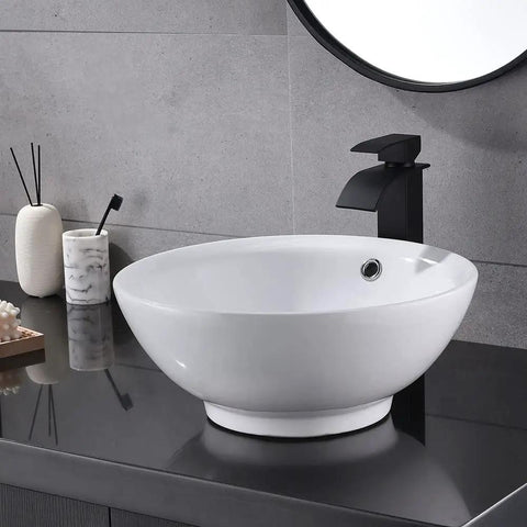 Ultra Sleek 16x16 Inch White Round Bathroom Sink Vessel Porcelain Ceramic For Above Countertop Install in modern setting