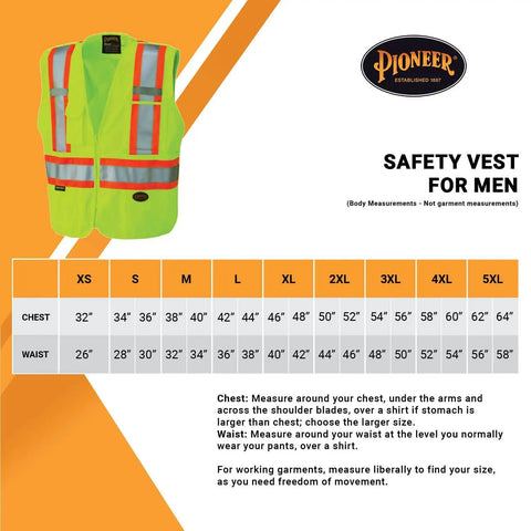 Men's High Visibility Tear Away Safety Vest With Full Mesh Back Class Two Reflective Tape Road Crew Favorite Construction Traffic Control Site Gear Yellow size guide and measurements.