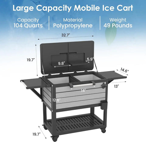 104 Qt Rolling Patio Cooler on Wheels for Poolside Parties Outdoor Beverage Bar Cart with Handles Spacious Ice Chest for Deck BBQ Cookouts Grey Finish Built In Shelf Storage and Bottle Racks