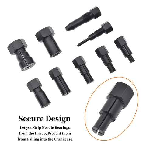 10 Piece Motorcycle Bearing Extractor And Puller Tool Kit For 8 To 25 Mm Bearings showing collets and tools.