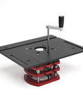 Heavy Duty Aluminum Router Lift With Smooth Crank Height Adjustment Secure Quick Release Clamps Durable Steel Components angled view of router lift with black top