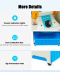 Beast 750W Mini Table Saw Bench Grinder details with power indicator lights, dust collection box, and slip prevention feet features.