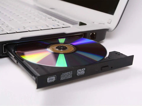 Slim 9.5mm SATA DVDRW Drive for Laptops and Notebooks, 8x DVD, 24x CD Read Write, Tray Loading Internal Optical Burner, Low Profile, PC Desktop Compatible, Dope Upgrade for Old Notebooks in a laptop tray with disc inserted