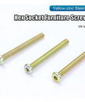Flat Head Hex Socket Furniture Bolts M6 M8 In Color Zinc Steel Hexagon Cabinet Connector Fasteners displayed at an angle