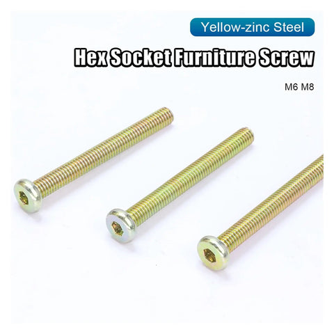 Flat Head Hex Socket Furniture Bolts M6 M8 In Color Zinc Steel Hexagon Cabinet Connector Fasteners displayed at an angle