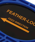 Close-up of Heavy Duty Adjustable Featherboard For Woodworking showing directional feed label and blue frame.