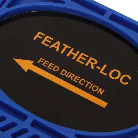 Close-up of Heavy Duty Adjustable Featherboard For Woodworking showing directional feed label and blue frame.