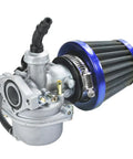 PZ19 Carburetor Kit With Air Filter Throttle Grip Cable For 50cc 70cc 90cc 110cc 125cc Chinese Kids ATV Dirt Pit Bike Go Kart Pocket Rocket Moped Mini Chopper Blue, shown from side
