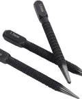 Premium High Carbon Steel Center Punch Set Black Finish Heavy Duty Marking Tools For Alloy Steel Metal Wood Drilling Jigs With Killer Precision And Tough As Nails Construction showing three center punches in varying sizes.