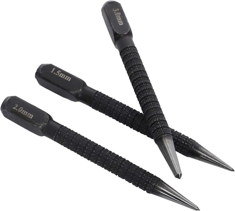 Premium High Carbon Steel Center Punch Set Black Finish Heavy Duty Marking Tools For Alloy Steel Metal Wood Drilling Jigs With Killer Precision And Tough As Nails Construction showing three center punches in varying sizes.