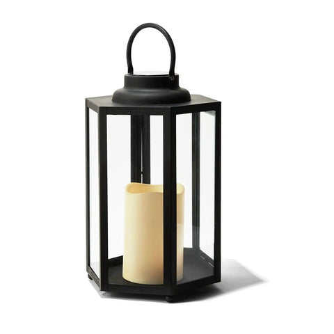 Outdoor Solar Powered Lantern With Flameless Candle For Porch Or Patio, No Fuss Waterproof Black Metal And Glass Hanging Light