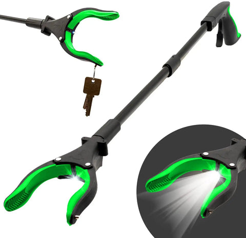 32 Inch Aluminum Grabber With Magnetic Claw And LED Light, Lightweight Foldable Reacher Pickup Tool For Easy Grabbing, Gripper For Elderly, Trash Picker, Green