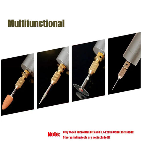 Mini Handheld Micro Drill Kit With Aluminum Body 0.7 To 1.2mm Bits showing various interchangeable tips for DIY projects and craft work.