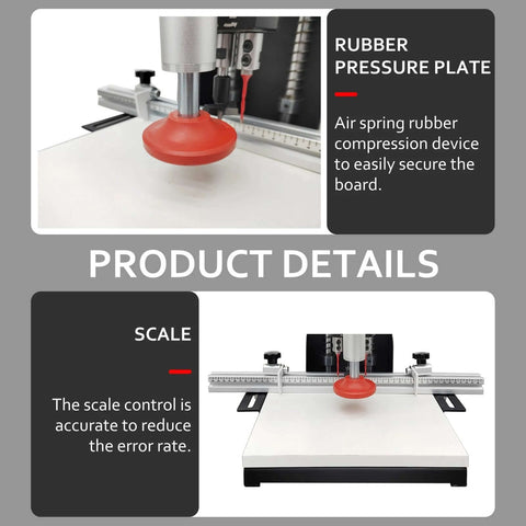 Front view of WYDDDARY portable electric hinge drilling machine with red rubber pressure plate on a white work surface.