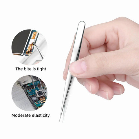 Close-up of hand holding a tweezer from the Must Have 22 In 1 Electronics Repair Tool Kit with detailed circuit repair view.